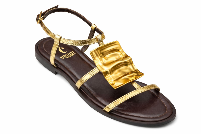 Rasteira Couro Metal Ouro/Tiras Finas